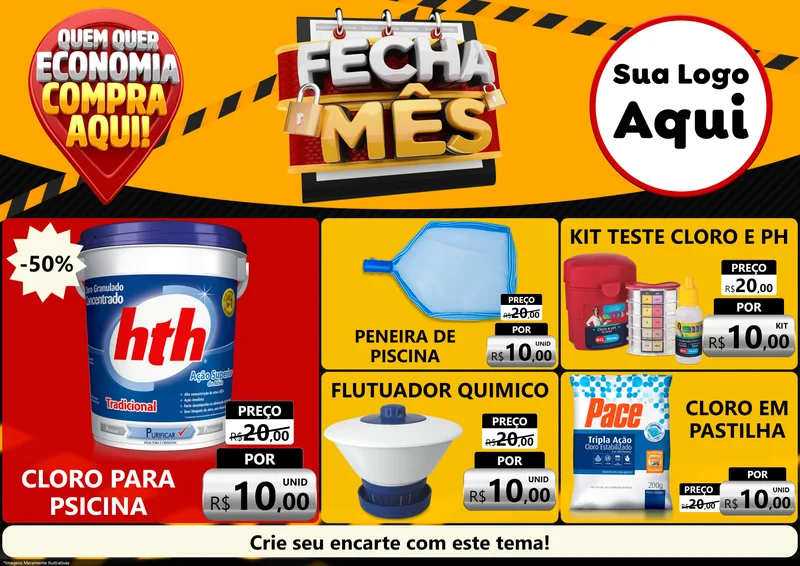 Modelo de Encarte para Encarte A4 Horizontal com o tema Fecha Mês para Produtos para Piscina