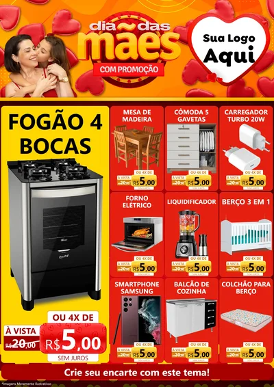 Modelo de Encarte para Encarte A4 Vertical com o tema Dia das Mães com Promoção para Móveis e Eletro