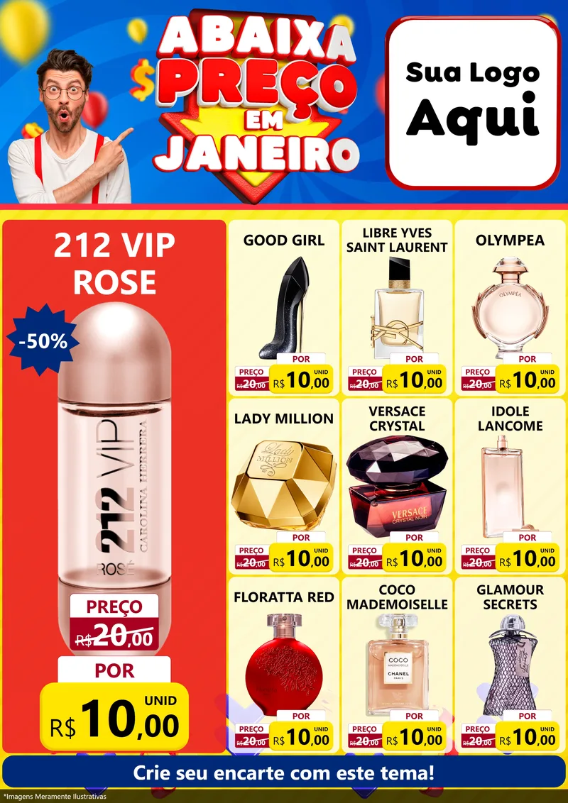 Modelo de Encarte para Encarte A4 Vertical com o tema Abaixa Preço em Janeiro para Perfumes