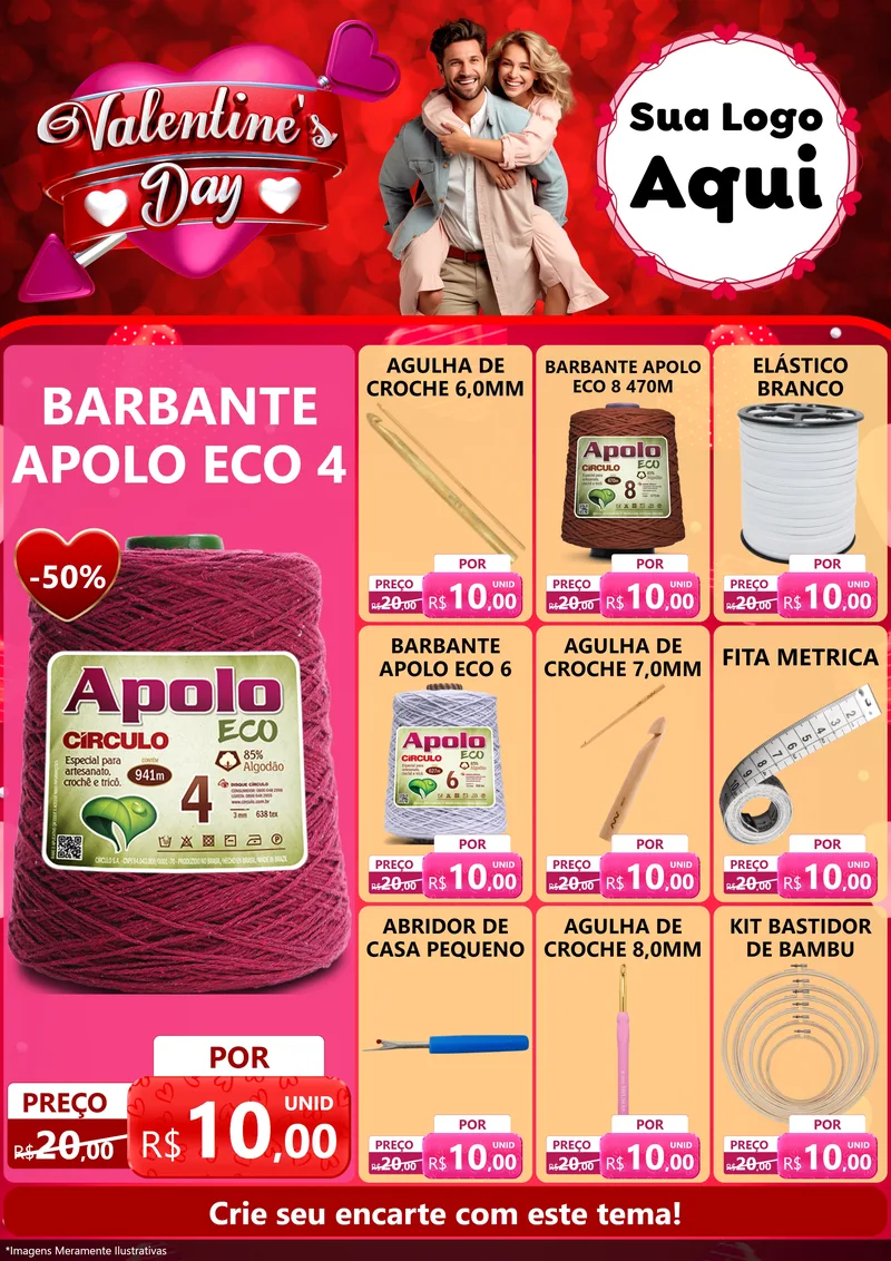Modelo de Encarte para Encarte A4 Vertical com o tema Valentine's Day para Armarinho e Aviamentos