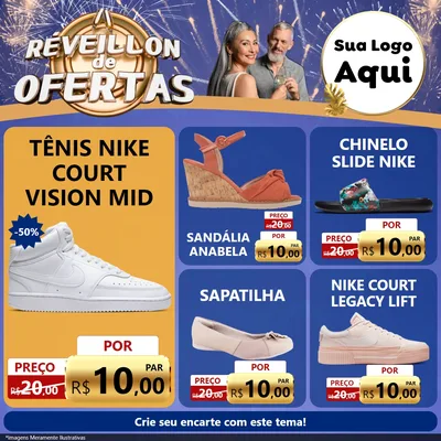 Modelo de Rede Social para Feed Facebook com o tema Réveillon de Ofertas para Calçados