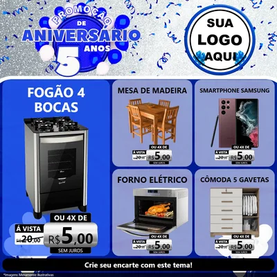 Modelo de Rede Social para Feed Facebook com o tema Promoção de Aniversário - 5 Anos para Móveis e Eletro