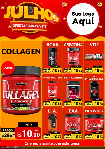 Modelo de Encarte para Encarte A4 Vertical com o tema Julho Ofertas Imbatíveis para Suplementos alimentares