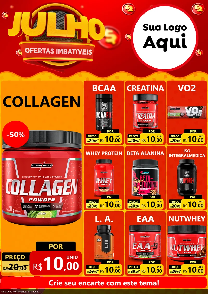 Modelo de Encarte para Encarte A4 Vertical com o tema Julho Ofertas Imbatíveis para Suplementos alimentares