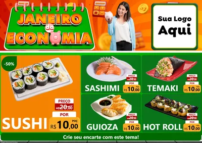 Modelo de Encarte para Encarte A4 Horizontal com o tema Janeiro da Economia para Comida japonesa