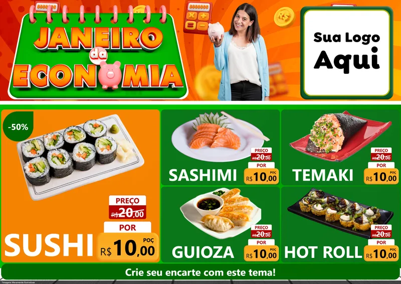 Modelo de Encarte para Encarte A4 Horizontal com o tema Janeiro da Economia para Comida japonesa
