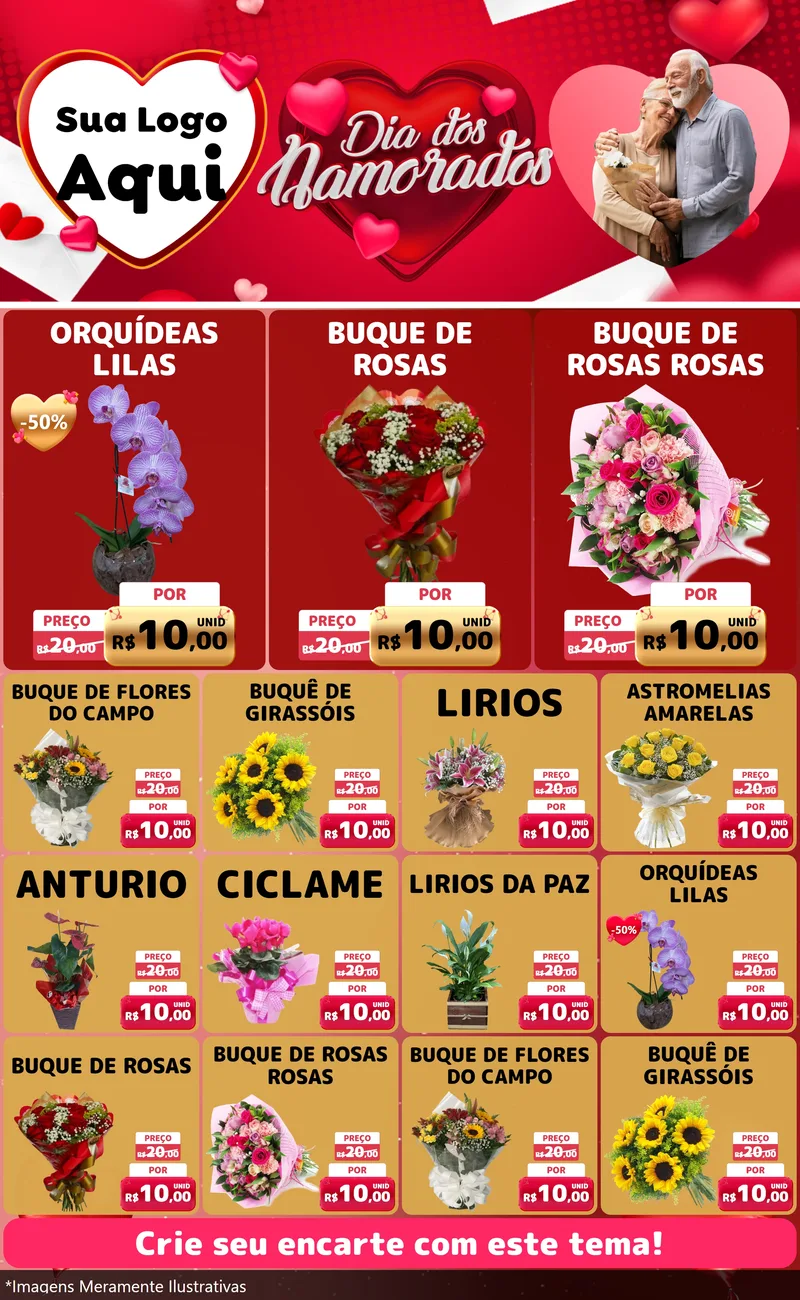 Modelo de Encarte para Encarte Grande com o tema Dia Dos Namorados para Floricultura e jardim