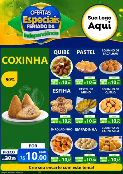 Modelo de Encarte para Encarte A4 Vertical com o tema Ofertas Especiais Feriado da Independência para Salgadaria