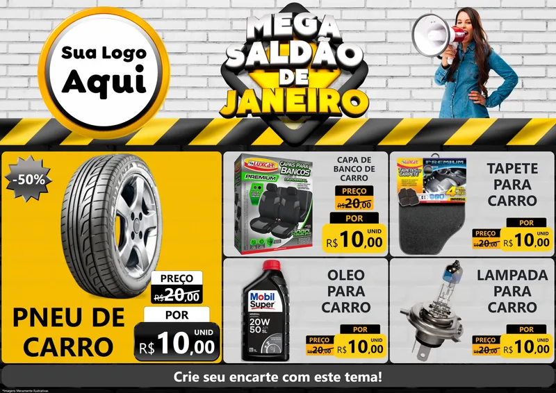 Modelo de Encarte para Encarte A4 Horizontal com o tema Mega Saldão de Janeiro para Auto peças