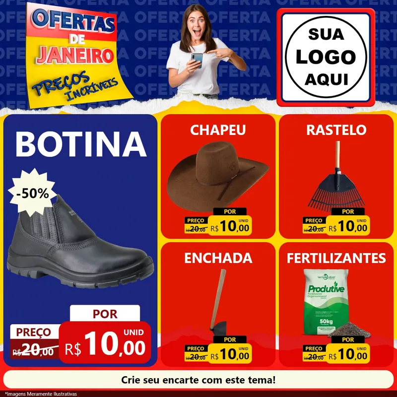 Modelo de Rede Social para Feed Facebook com o tema Ofertas de Janeiro - Preços Incríveis para Agropecuária