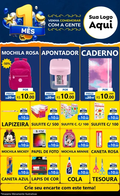 Modelo de Encarte para Encarte Grande com o tema Um Mês de Aniversário para Papelaria