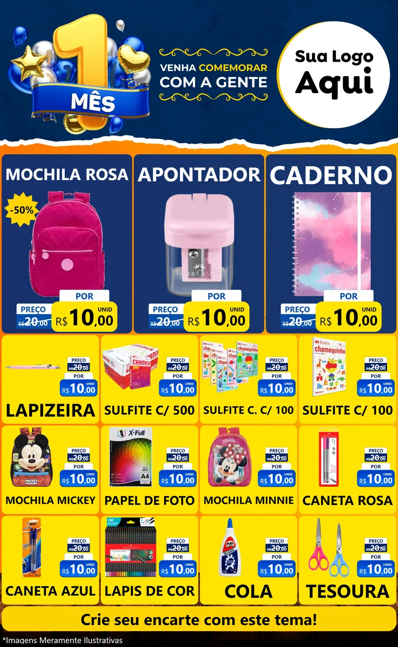 Modelo de Encarte para Encarte Grande com o tema Um Mês de Aniversário para Papelaria