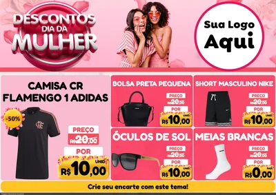 Modelo de Encarte para Encarte A4 Horizontal com o tema Descontos Dia da Mulher para Roupas e acessórios