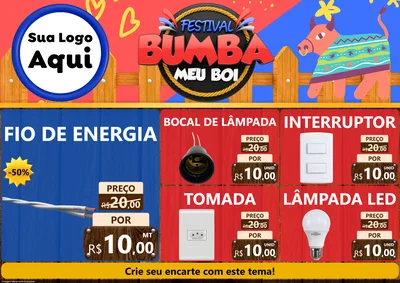 Modelo de Encarte para Encarte A4 Horizontal com o tema Festival Bumba Meu Boi para Materiais Elétricos