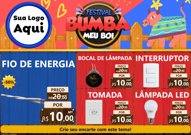 Modelo de Encarte para Encarte A4 Horizontal com o tema Festival Bumba Meu Boi para Materiais Elétricos