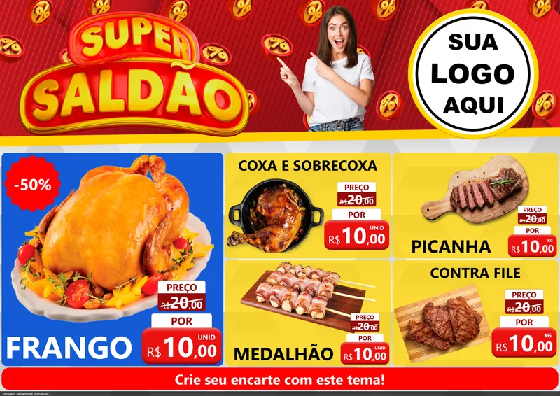 Modelo de Encarte para Encarte A4 Horizontal com o tema Super Saldão para Assados