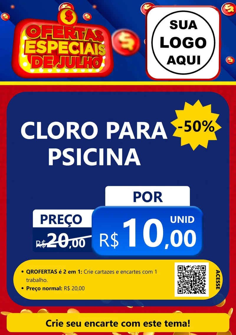 Modelo de Cartaz para Cartaz A4 Vertical com o tema Ofertas Especiais de Julho para Produtos para Piscina