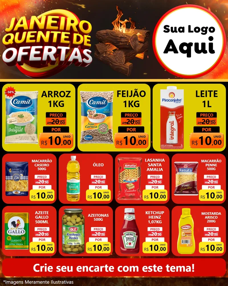 Modelo de Rede Social para Feed Instagram com o tema Janeiro Quente de Ofertas para Supermercado