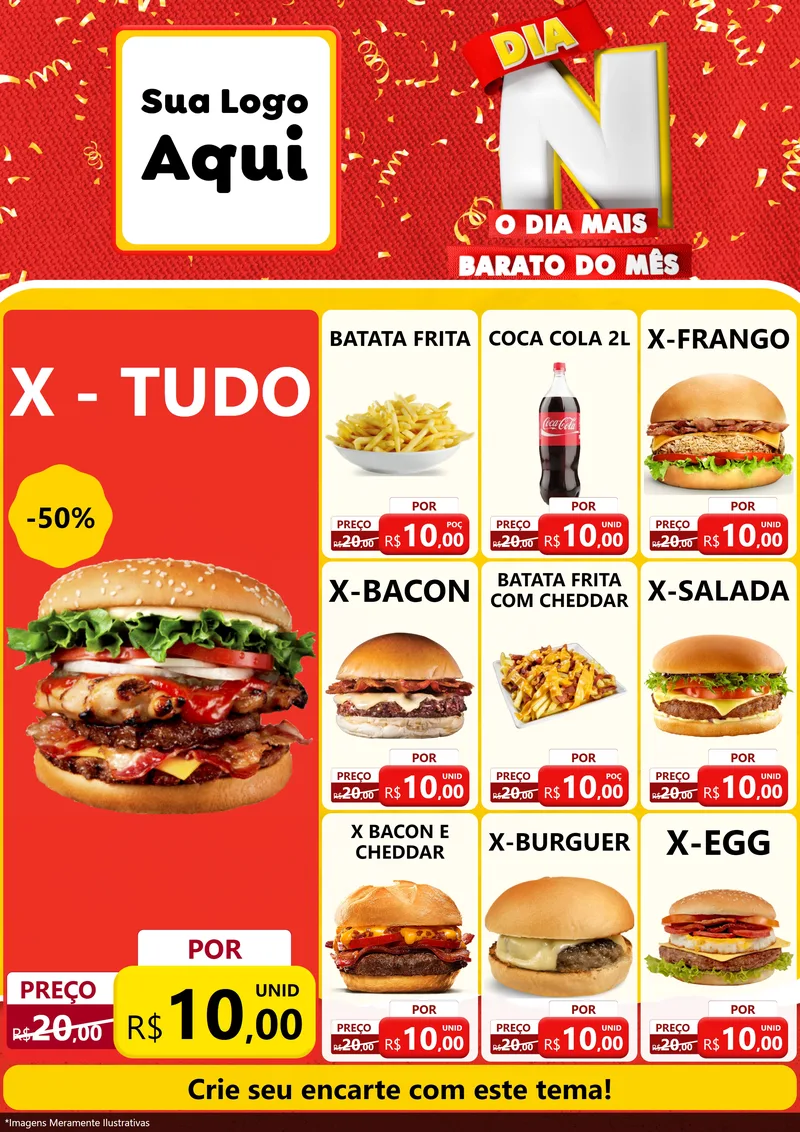 Modelo de Encarte para Encarte A4 Vertical com o tema Dia N o Dia Mais Barato do Mês para Hamburgueria