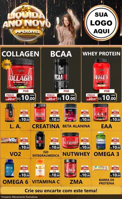 Modelo de Encarte para Encarte Grande com o tema Liquida Ano Novo Imperdível para Suplementos alimentares