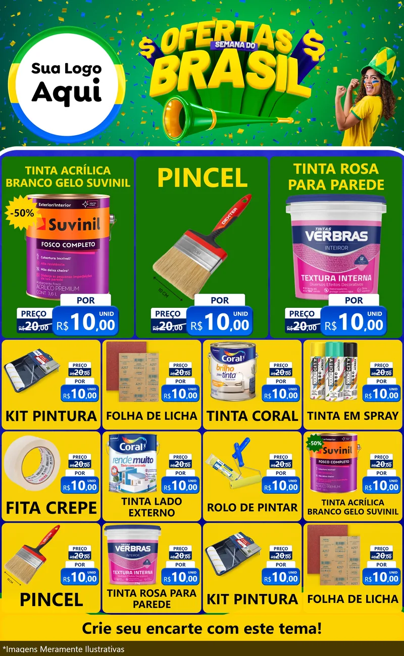 Modelo de Encarte para Encarte Grande com o tema Ofertas Semana do Brasil para Tintas e Ferramentas
