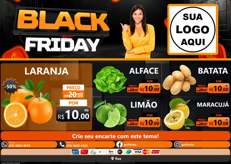 Modelo de Encarte para Encarte A4 Horizontal com o tema Black Friday para Hortifrúti