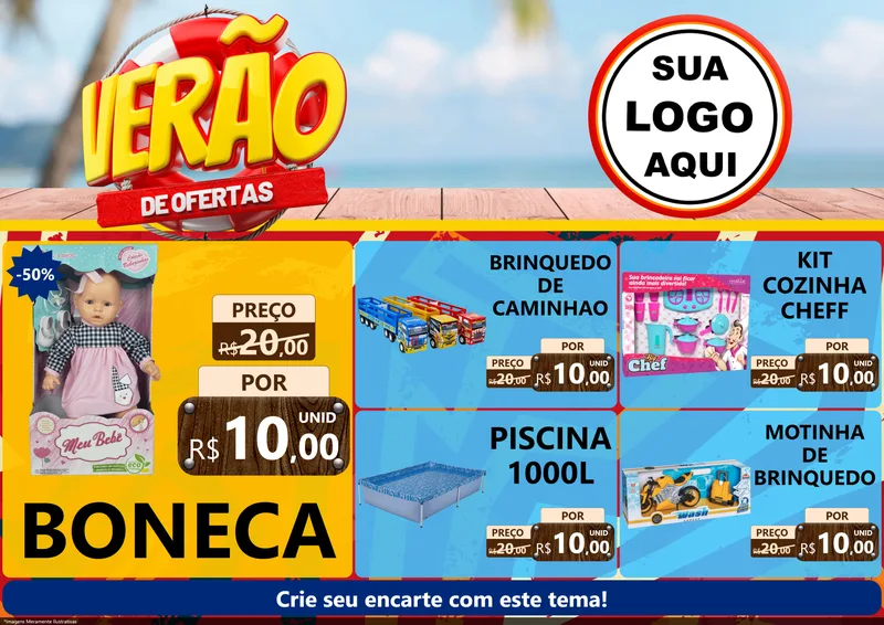 Modelo de Encarte para Encarte A4 Horizontal com o tema Verão de Ofertas para Brinquedos