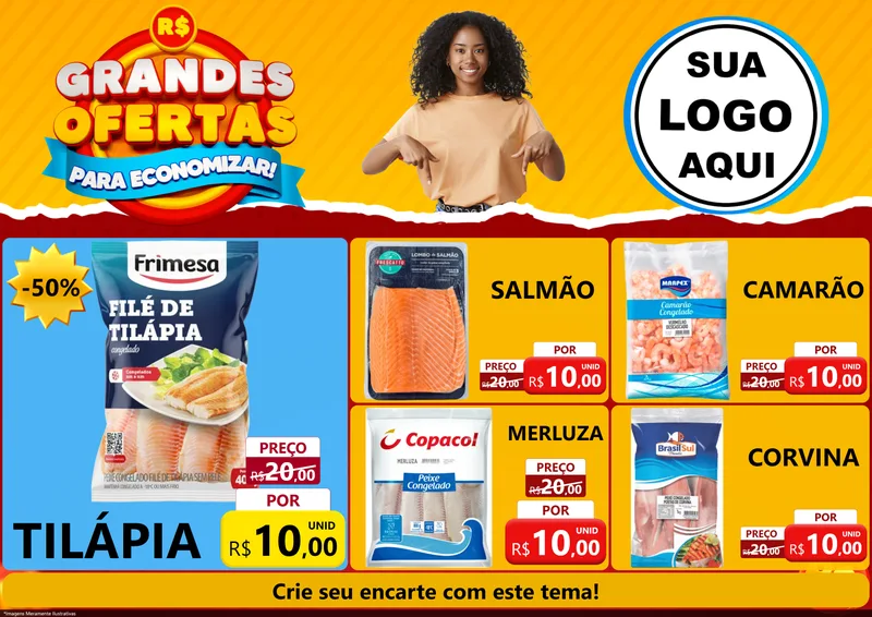 Modelo de Encarte para Encarte A4 Horizontal com o tema Grandes Ofertas Para Economizar! para Peixaria