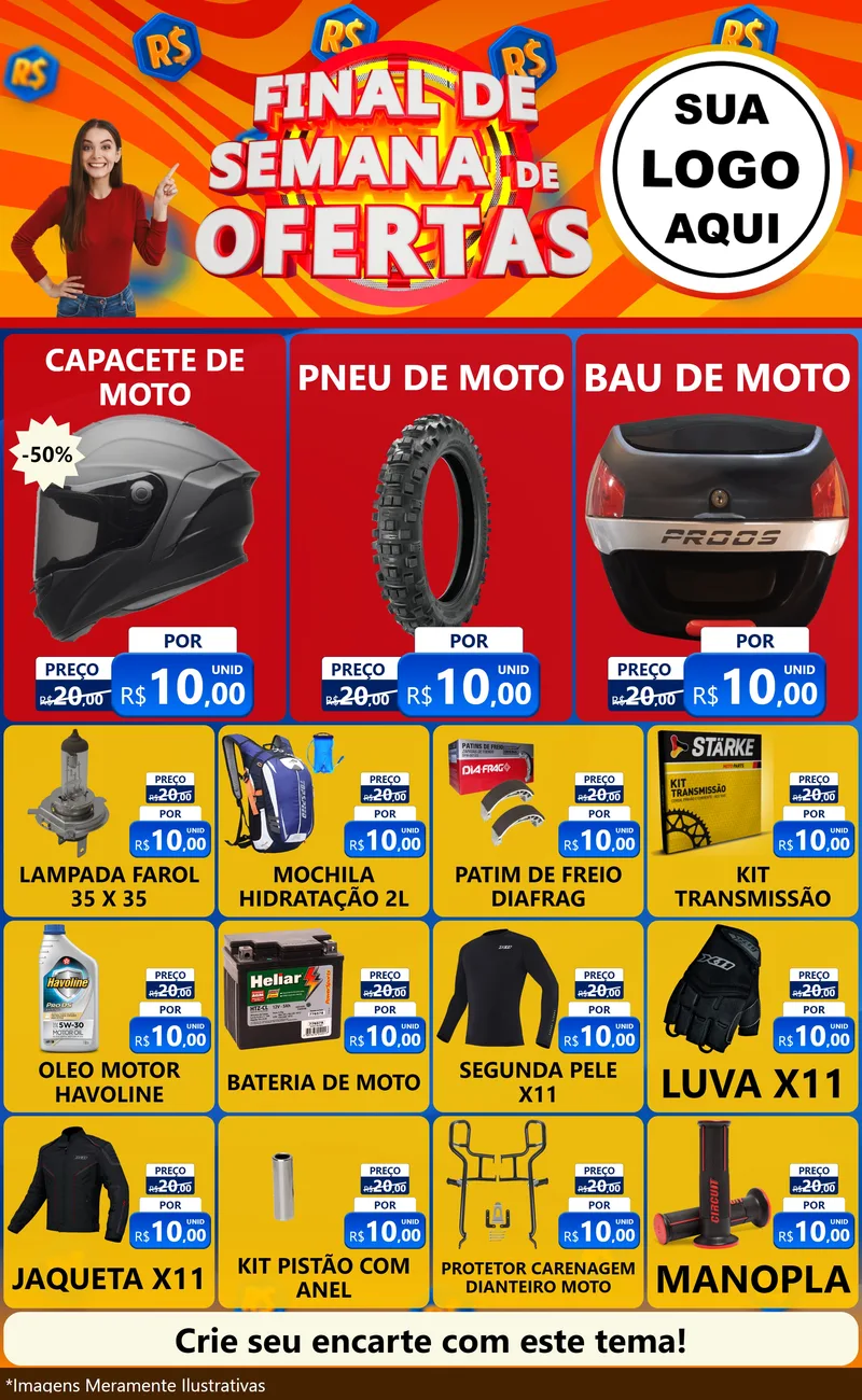 Modelo de Encarte para Encarte Grande com o tema Final de Semana de Ofertas para Moto peças