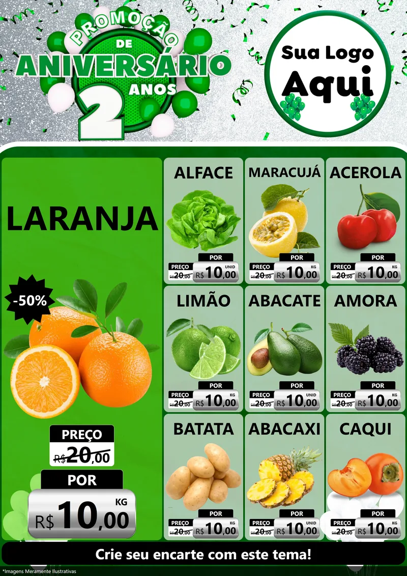 Modelo de Encarte para Encarte A4 Vertical com o tema Promoção de Aniversário - 2 Anos para Hortifrúti