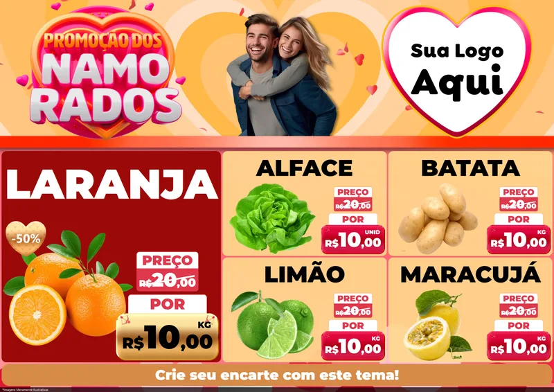 Modelo de Encarte para Encarte A4 Horizontal com o tema Promoção dos Namorados para Hortifrúti
