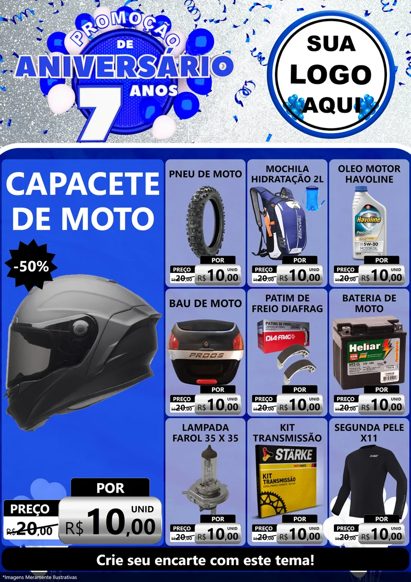Modelo de Encarte para Encarte A4 Vertical com o tema Promoção de Aniversário - 7 Anos para Moto peças