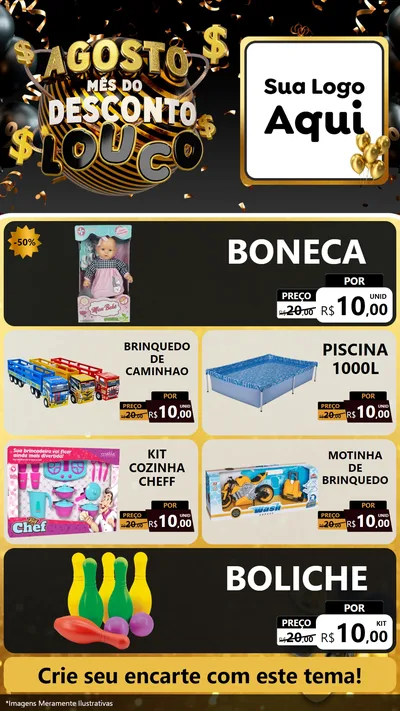 Modelo de TV para TV Vertical com o tema Agosto Mês do Desconto Louco para Brinquedos