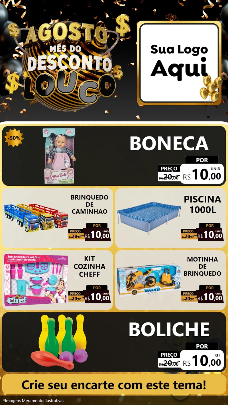 Modelo de TV para TV Vertical com o tema Agosto Mês do Desconto Louco para Brinquedos