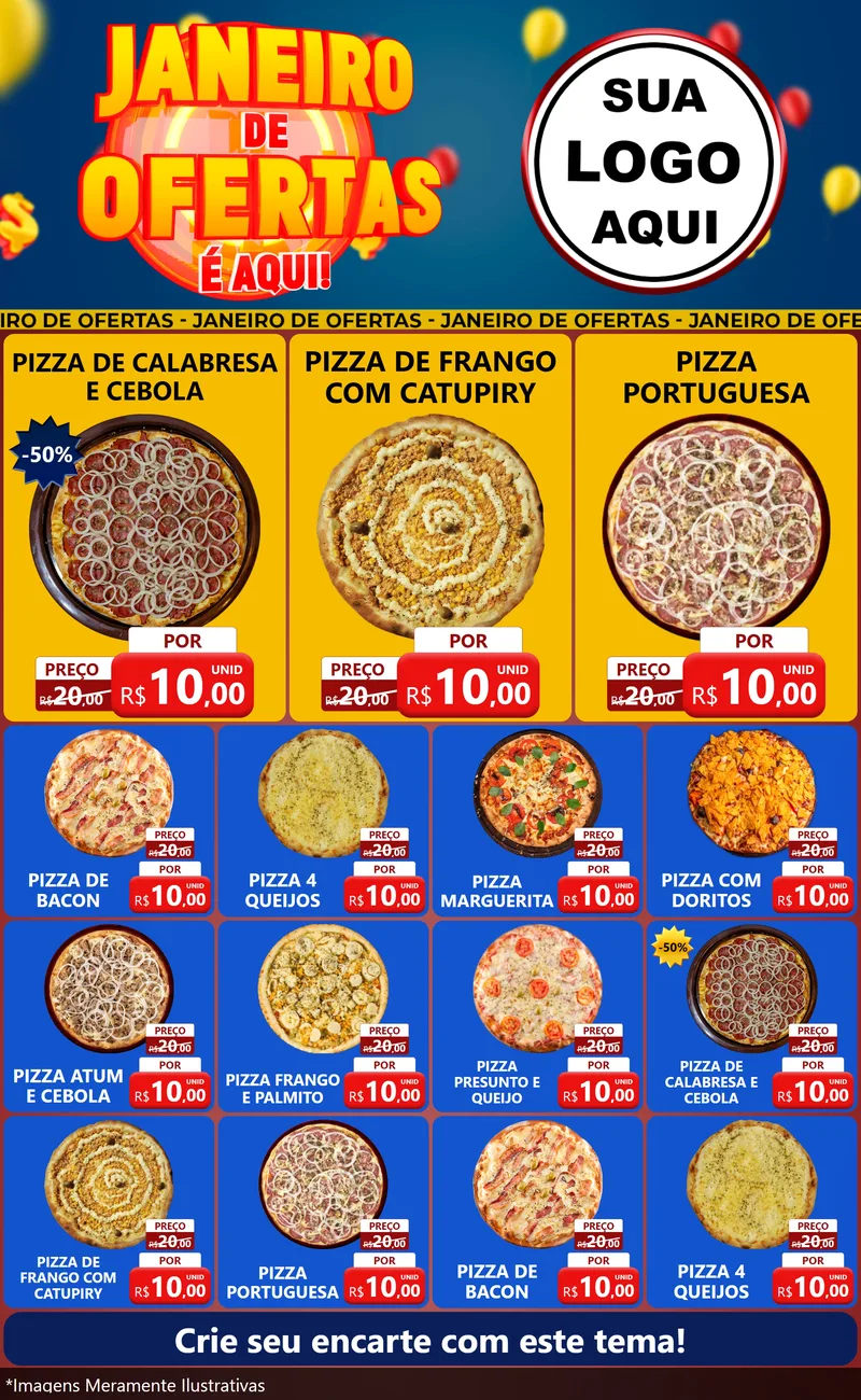 Modelo de Encarte para Encarte Grande com o tema Janeiro de Ofertas É Aqui! para Pizzaria