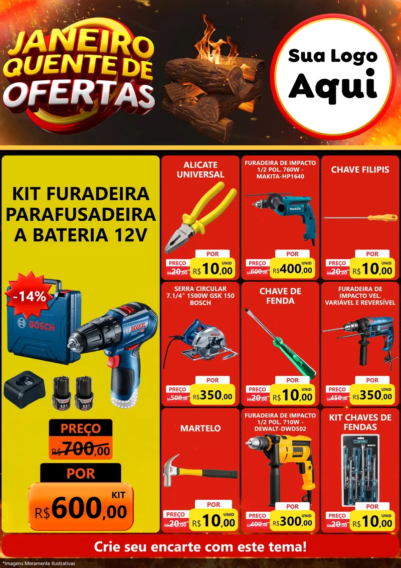 Modelo de Encarte para Encarte A4 Vertical com o tema Janeiro Quente de Ofertas para Maquinas e Ferramentas