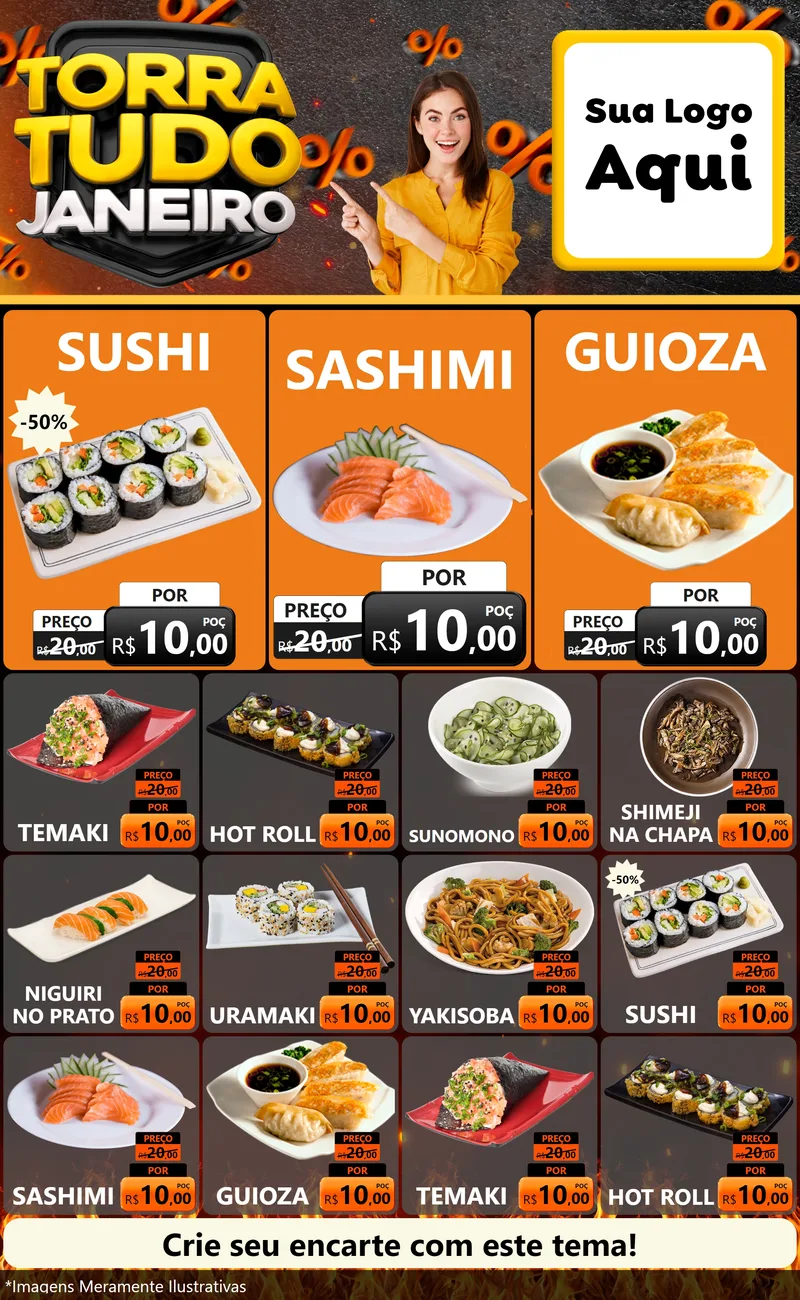 Modelo de Encarte para Encarte Grande com o tema Torra Tudo Janeiro para Comida japonesa