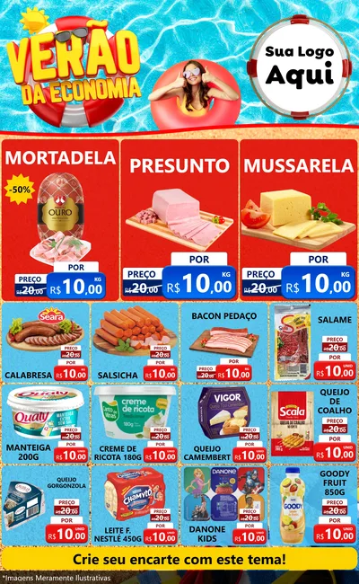 Modelo de Encarte para Encarte Grande com o tema Verão da Economia para Frios e Laticínios