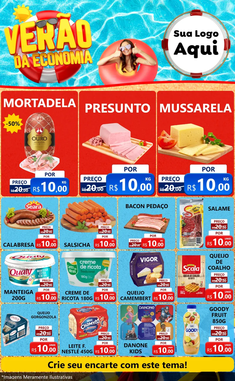 Modelo de Encarte para Encarte Grande com o tema Verão da Economia para Frios e Laticínios