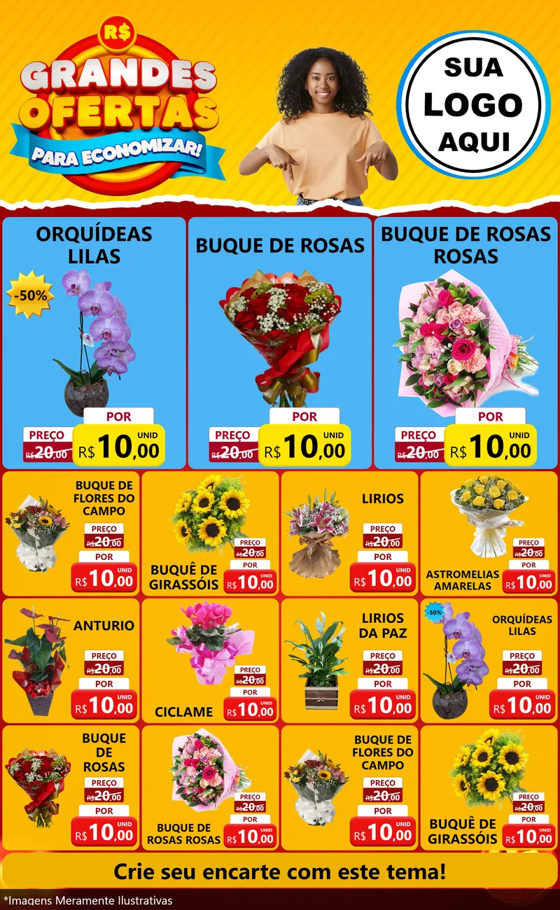 Modelo de Encarte para Encarte Grande com o tema Grandes Ofertas Para Economizar! para Floricultura e jardim