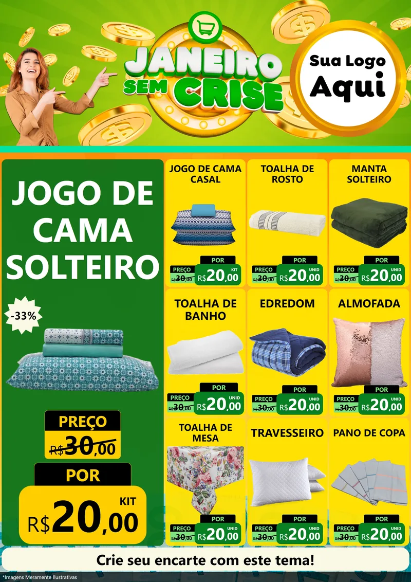 Modelo de Encarte para Encarte A4 Vertical com o tema Janeiro Sem Crise para Cama, Mesa e Banho