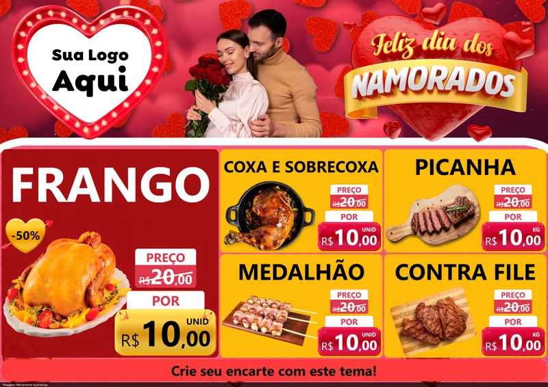 Modelo de Encarte para Encarte A4 Horizontal com o tema Feliz Dia Dos Namorados para Assados
