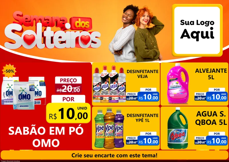 Modelo de Encarte para Encarte A4 Horizontal com o tema Semana dos Solteiros para Produtos de Limpeza