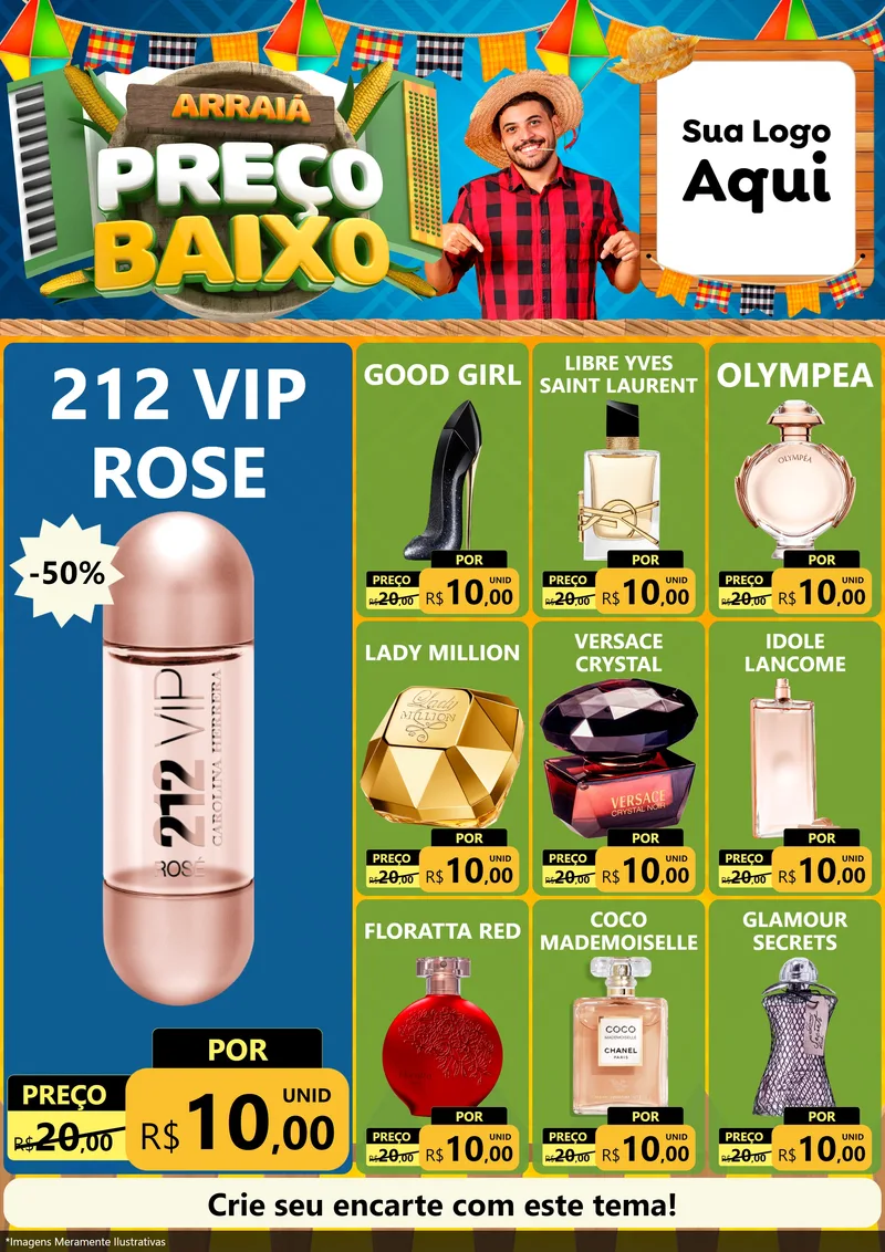 Modelo de Encarte para Encarte A4 Vertical com o tema Arraiá de Preço Baixo - Junina para Perfumes
