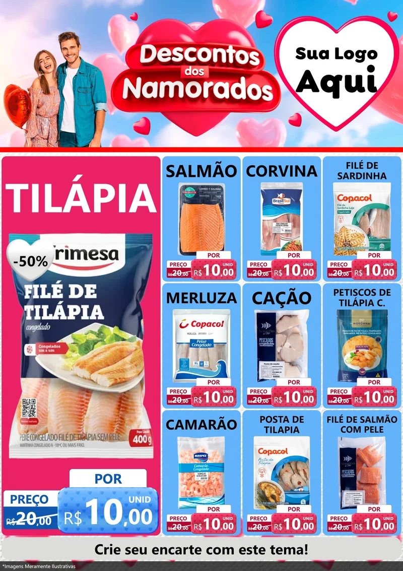 Modelo de Encarte para Encarte A4 Vertical com o tema Descontos dos Namorados para Peixaria