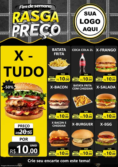 Modelo de Encarte para Encarte A4 Vertical com o tema Fim de Semana Rasga Preço para Hamburgueria