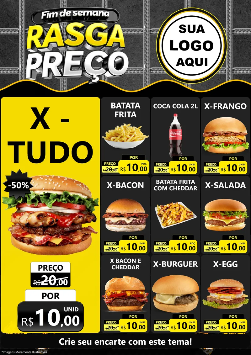 Modelo de Encarte para Encarte A4 Vertical com o tema Fim de Semana Rasga Preço para Hamburgueria