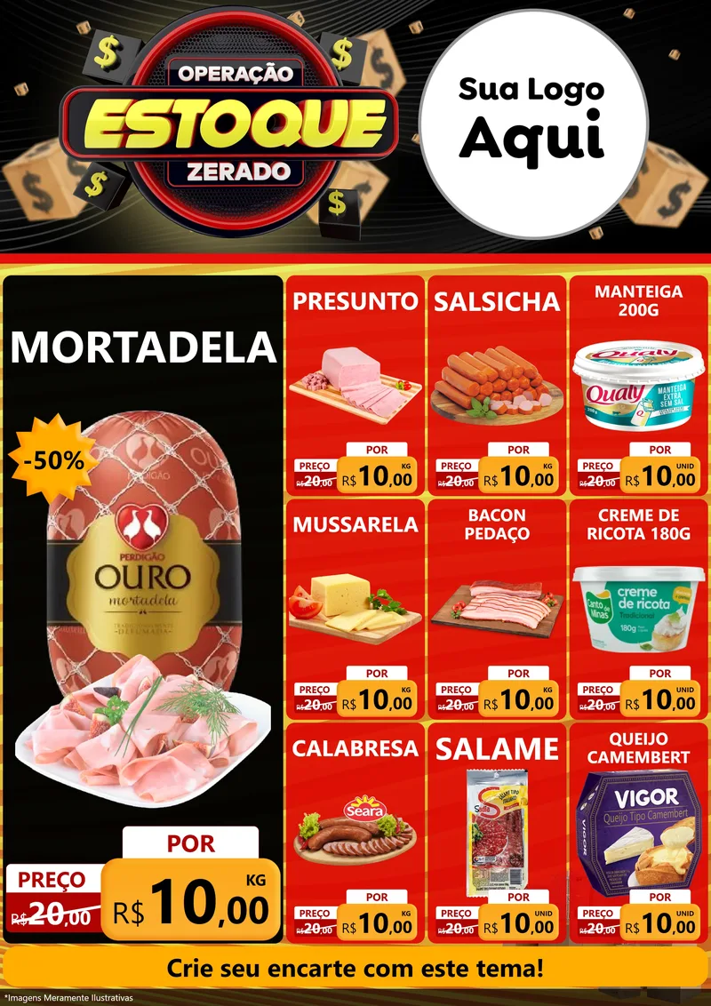 Modelo de Encarte para Encarte A4 Vertical com o tema Operação Estoque Zerado para Frios e Laticínios
