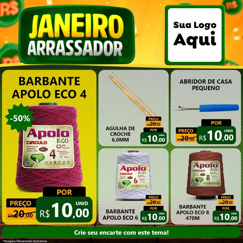 Modelo de Rede Social para Feed Facebook com o tema Janeiro Arrasador para Armarinho e Aviamentos