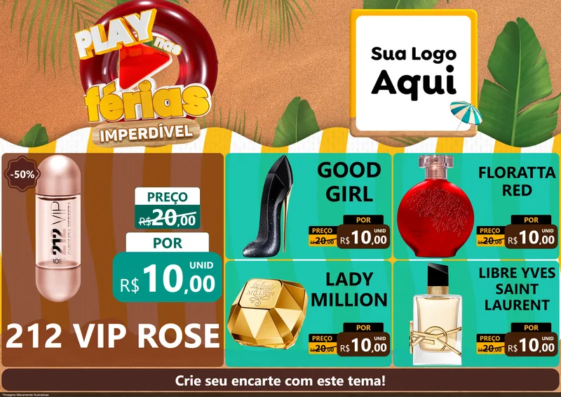 Modelo de Encarte para Encarte A4 Horizontal com o tema Play Nas Férias Imperdível para Perfumes